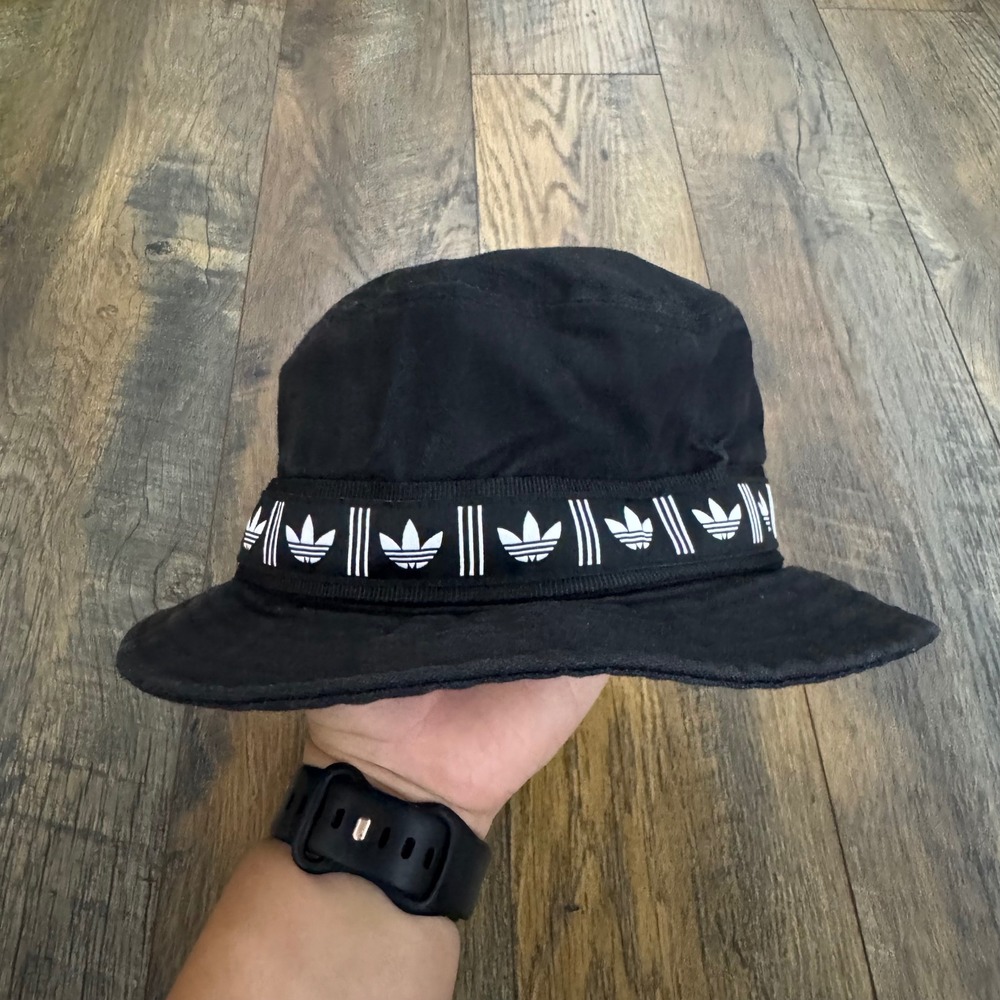 Adidas Originals Black Trefoil Logo Bucket Hat 100% Cotton Grunge Streetwear